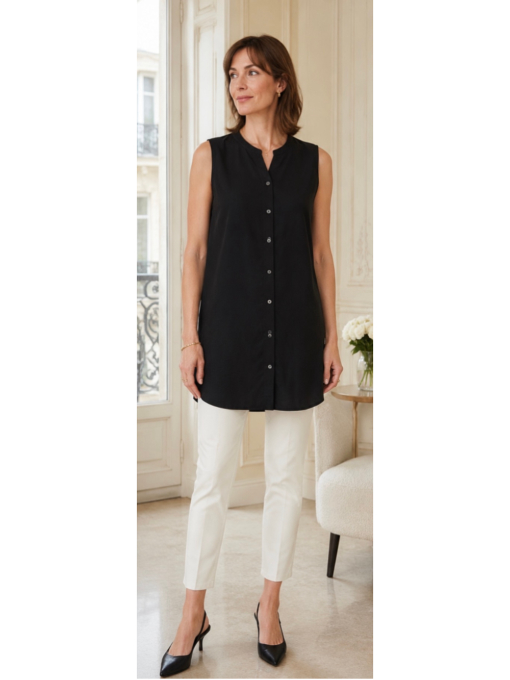 Eileen Fisher Sleeveless Button-Down Silk Tunic Tank Top Black Size M New W Tags